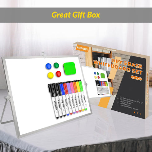 Dry Erase White Board, 16inX12in Large Magnetic Desktop Whiteboard with Stand, 10 Markers, 4 Magnets, 1 Eraser