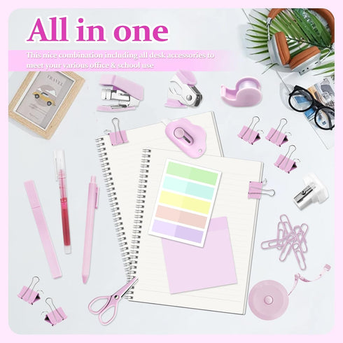 Mini Office Supply Kit, Pink Mini Stapler with Staples and Tape Dispenser Set, Sticky Notes, Highlighters, Gel Pens