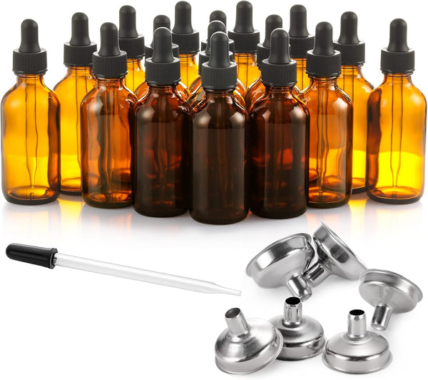24 Pcs Dark Amber Dropper Bottles, 2 oz with 6 Small Funnels & 1 Long Glass Labels for Liquids