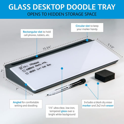 Glassboard Studio Glass Dry Erase Doodle Tray for Desktop, Marker and Eraser Included, Gray, 8 Markers