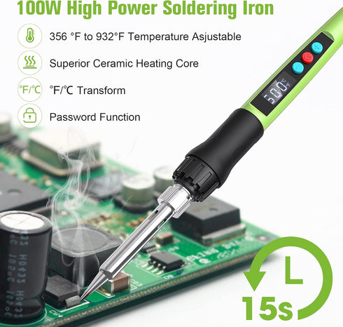 Soldering Iron Kit, 100W LED Digital Solder Iron with Adjustable Temperature, Ceramic Heater, Tips, Stand, Wire