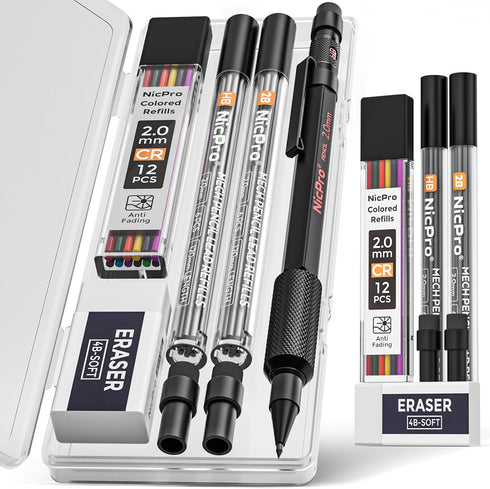 Nicpro 2mm Mechanical Pencils Set with Case, 12 Black Lead Refills, 12 Colored Lead Refills, Heavy Duty Pencil