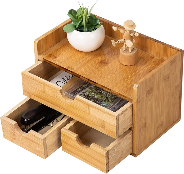 VERGOODR Rustic Distressed White 3-Tier Bamboo Desk Organizer with 3 Drawers, Mini Storage Shelf for Office Supplies