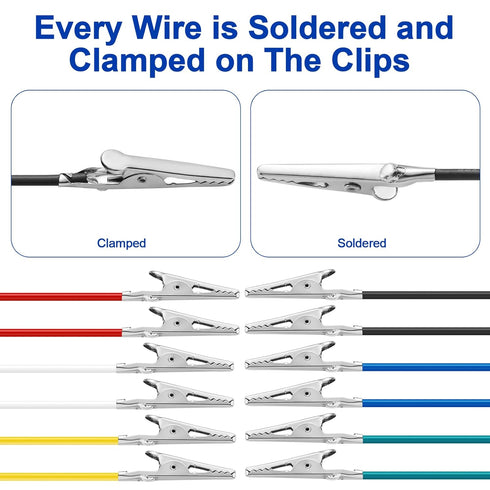 12PCS Alligator Clips Electrical, 6 Clolors Premium Test Leads Set, 22AWG Flexible Copper Wire for Test Probes, 21.5 Inches Jumping Wires are Soldered and Stamping to The Clips.
