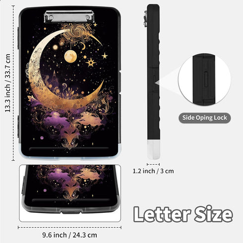 Clipboard with Storage & Pen Holder, 8.5X11 Heavy Duty Plastic Clipboards, Foldable Coaches Folder Case, Gold Moon Star