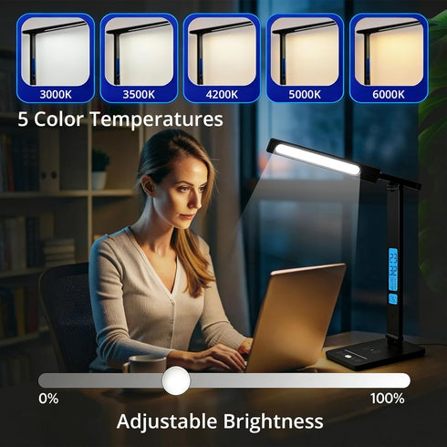 Xicyole Desk Lamp with Wireless Charger, USB Charging Port, Smart Display Clock, Adjustable Brightness and Color