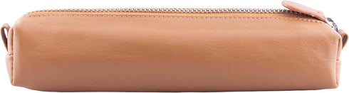 Leather Zippered Fountain Ballpoint Rollerball Pens and Pencils Case Holder Genuine Full Grain Soft Nappa Leather Tan