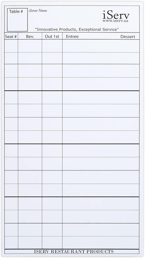 iServ Guest Checks, Server Order Pads, 30 Pads/Pack, No Staples, Made in USA,