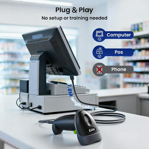 Eyoyo 2D PDF417 USB Handheld QR Code Scanner, Data Matrix Barcode Scanner, Wired Automatic Bar Code Reader with Long