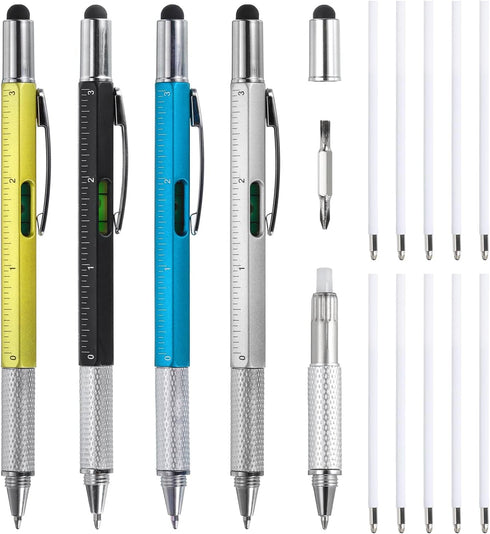 MECCANIXITY 4pcs 6 in 1 Multitool Tech Tool Pen Gifts for Men with Ballpoint Pen, Ruler, Screwdriver, Stylus, Refills