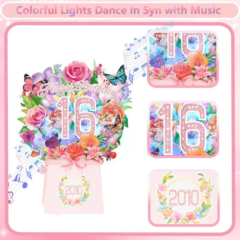 OLOSONG 16th 16 10 Inch 3D 2010 Sweet Birthday Cards, Light and Music Years Old Happy Birthday Card, Rose Lily Orchid