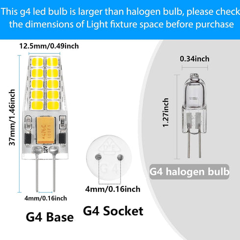 6 Pack G4 Bulb 12V 2.5W 30W T3 6000K G4 Bulbs 300 360Beam LED AC/DC Equivalent Bi-Pin Base Cool Daylight White Light