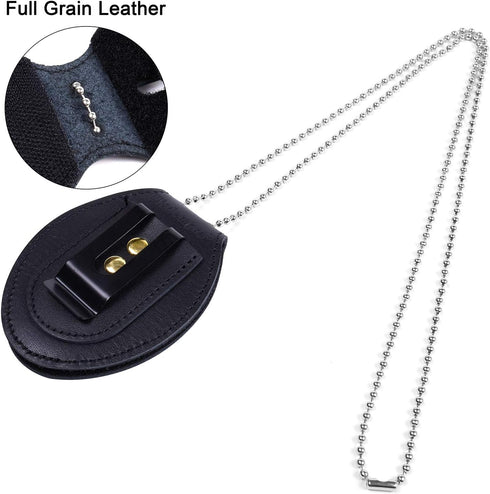 Wisdompro Cowhide Leather Police Badge Holder, Universal Pocket Case with Belt Clip and Chain Necklace