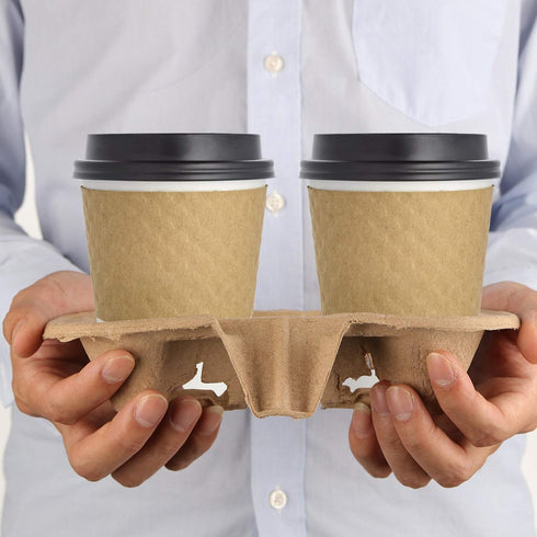 HOZEON 100 Pack 2-Cup Pulp Fiber Drink Carrier, to Go Coffee Cup Holder, Disposable Drink Carrier Tray for Hot or Cold