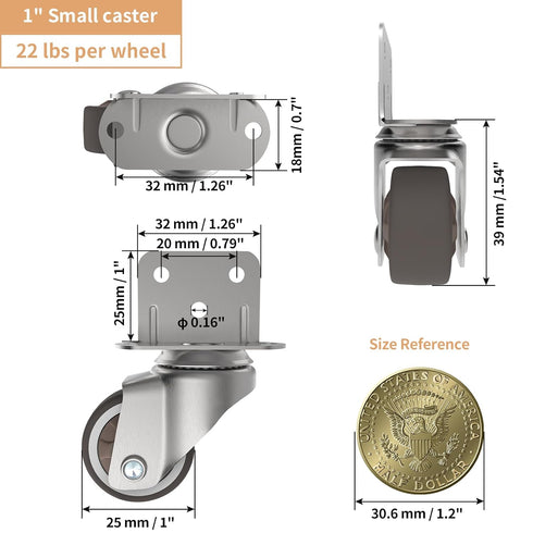 Chegulu 1" 4 Small L-Shaped Plate Casters, Swivel Furniture Wheels, TPR Silent, Mounting for Wooden Coffee Table