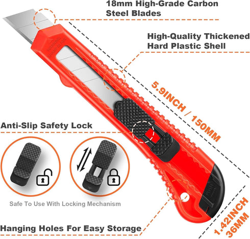 JOYUMY 20 Pack 10 18mm Utility Knife, Box Cutter Retractable, Box Knife for Cartons, Cardboard, and Boxes, Box Opener