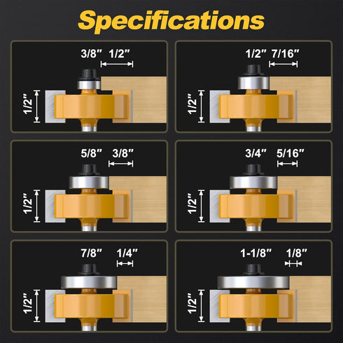 1/4 6 Set (1/8", 1/4", 5/16", 3/8", 7/16", 1/2") Shank Professional Rabbet Router Bit with Bearings - Interchangeable