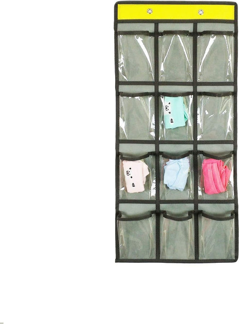Classroom Pocket Chart for Cell Phones, Over The Door Hanging Organizer with 12 Clear Pockets (GREY)