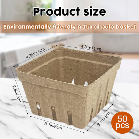 FMOACEN 50 4.3x4.3x2.8inch Pcs Natural Pulp Fiber Berry Basket, Molded Berry Basket Produce Vented Container