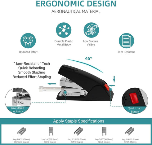 Effortless Desktop Stapler, 40-50 Sheet Capacity, Ergonomic Heavy Duty Office Stapler, Built-in Staple Remover