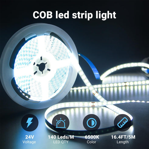16.4FT Dimmable 6500K 24V, 140 DAYBETTER COB led Strip Light, High Brightness led Lights, Bright Daylight White, LEDs