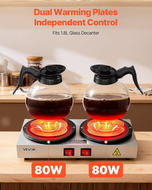 Commercial 80W 2 1.8L VEVOR Coffee Decanter Warm Plate, x Coffee-Carafe Warmer, Dual Warming Plates with Independent