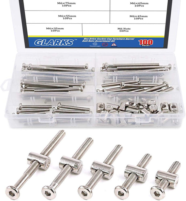 Glarks 100Pcs M6 x 35/45/55/65/75mm Hex Drive Socket Cap Furniture Barrel Screws Bolt