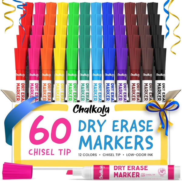 Chalkola Bulk Pack of 60 Dry Erase Markers, 12 Vibrant Colors, Chisel Tip White Board Pens for Kids, Home, Office