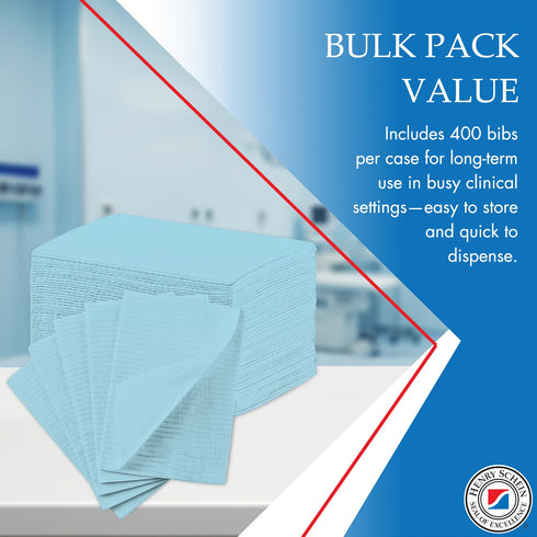 18" 22", 400 Patient Bibs x Blue Tissue with Poly Backing, Disposable Waterproof, Durable Protection for Dental