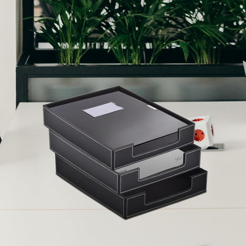 Leather Letter Tray, Luxury Desk Organizer for Mail, Paper Files, Magazines, and Cosmetics, Black
