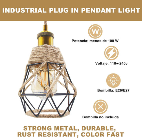 FEYAIM E26 E27 510 cm Vintage Plug in Pendant Light, Metal Pendant Lamp Kit, Hemp Rope Hanging Lamp Socket Pendants
