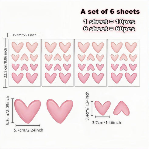 BUBBLE-FLY 60 Pcs Pink Heart Wall Decals, Repositionable PVC Wall Decals for Girls Room, Nursery, Bedroom, Living Room