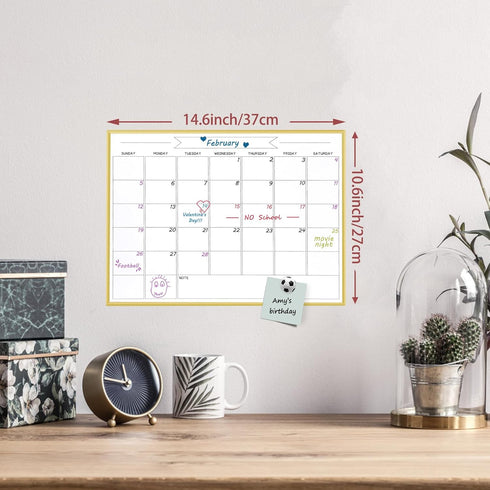Dry Erase Monthly Calendar Whiteboard, 10.5"x 14.5" Gold Aluminum Frame, Magnetic White Board for Wall