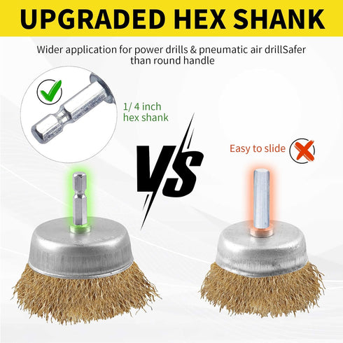 5 Pcs Wire Brush Wheel for Drill - Brass Wire Brush, 1/4 Inch Hex Shank for Rust Removal