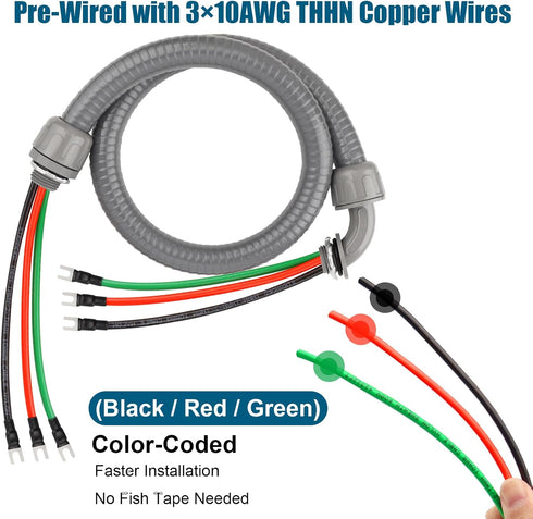 6FT 1/2" 310AWG 90 Non-Metallic Liquid-Tight Conduit Kit, Pre-Wired Electrical Whip with THHN Copper Wires