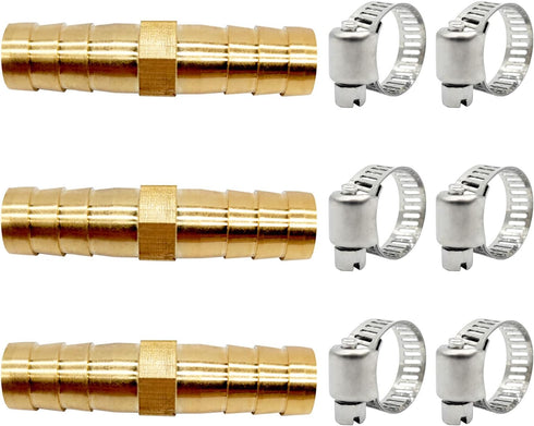 3pcs 3/8"(10mm) Hose Repair Kit, Brass Barb Fitting Watertight Straight Hose Connector with 6 Stainless Steel Clamps