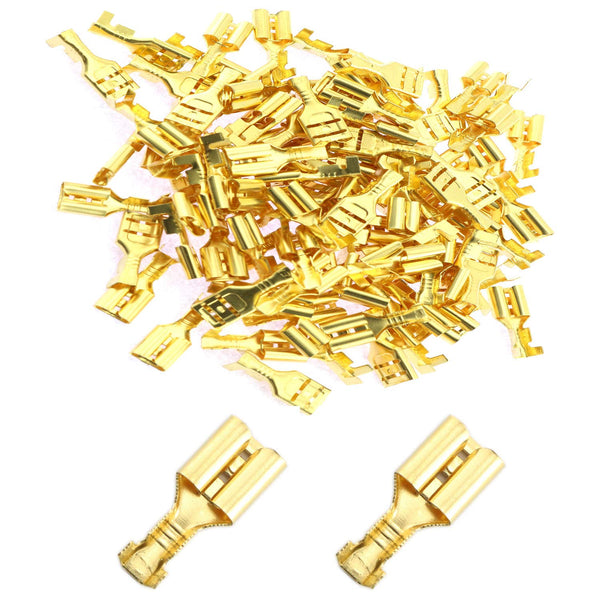 100-Pack 6.3mm Gold Female Spade Crimp Terminals with Insulating Sleeves, Quick Splice Connectors