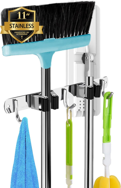 2 Racks and 3 Hooks Broom and Mop Holder Wall Mounted Garage Organizer Storage Tool Racks, Stainless Steel Heavy Duty