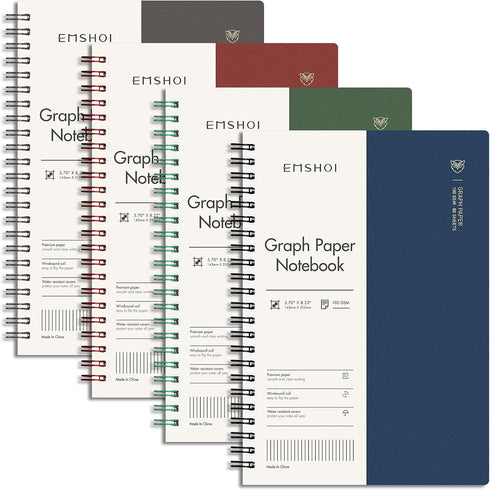 EMSHOI Graph Paper Spiral Notebook, 5.7" x 8.22", 4 Pack, 640 Pages, 100gsm Thick Grid Paper