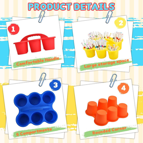 6 Pack 6 Haundry Classroom Caddy Storage Basket with Handle, Plastic Drink Cup Caddy Holder, Compartments for Kids