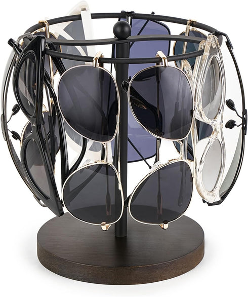 Mkono Sunglasses Organizer with Metal Frame and Wood Base, Eyeglasses Rack for up to 12 Pairs, Black