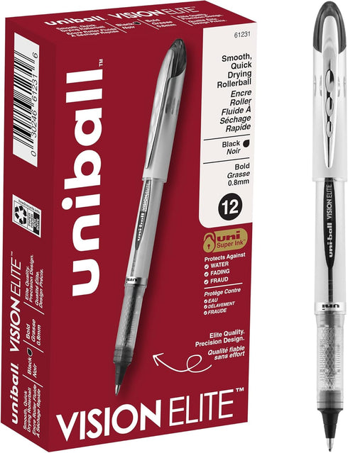 uni-ball Vision Elite Rollerball Pens, Bold Point 0.8mm, Black, 12 Pack