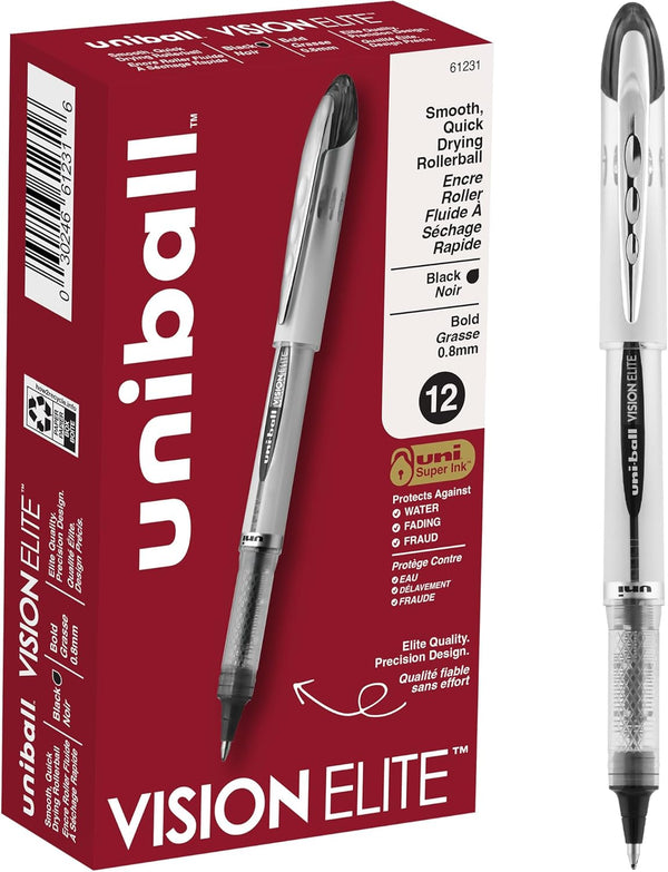 uni-ball Vision Elite Rollerball Pens, Bold Point 0.8mm, Black, 12 Pack