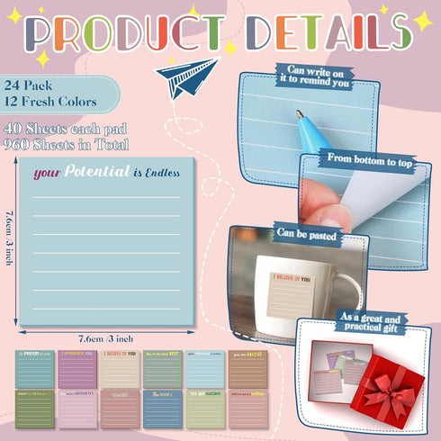 Yinder 24 Pcs Inspirational Sticky Notes with Lines Cute Motivational Sticky Note Pad Appreciation Sticky Notes Gifts for Coworkers Nurse Teacher Office Supplies 3 x 3''(Morandi Color, Appreciation)