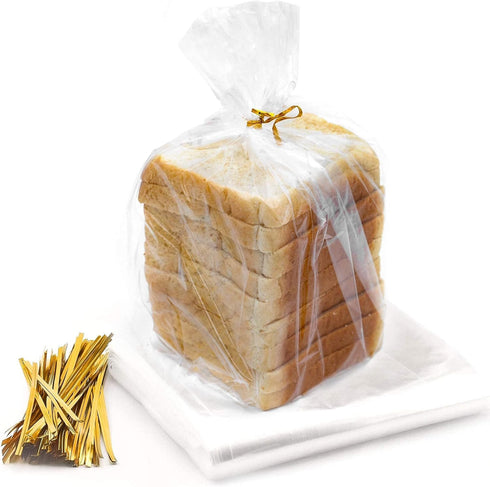 Bread Bags with Ties, 100 Clear Reusable Bags and 100 Ties for Homemade Bread and Bakery Loaf