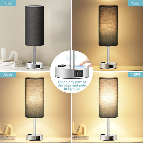 3 Dimmable Bulb Black Bedroom Table Lamp for Bedside - Way Touch Lamp USB C A Charging Ports and AC Outlet, Small Desk