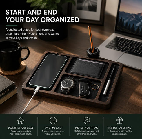 Desk Organizer Tray for Men with Ceramic Pen Holder, Wooden Valet Tray, Minimalist EDC Desk Organizer for Phone
