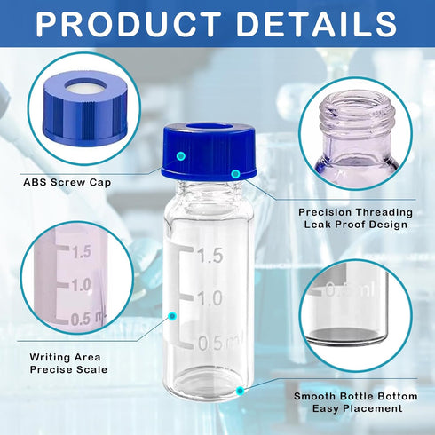 2mL Autosampler Vials, 9-425 HPLC Vials with Screw Cap, 100 Pcs Borosilicate Sample Vial