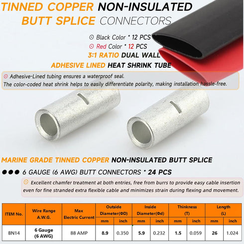 6 Gauge Non-Insulated Butt Connectors 24 PCS Butt Splice Connectors 6 AWG Marine Grade Tinned Copper Butt Splice Terminals 14mm² Seamless Uninsulated Butt Connectors with 24 PCS 3:1 Heat Shrink
