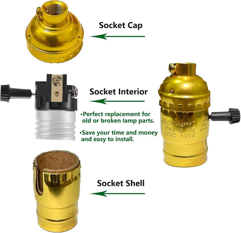 2 Pack UL Listed E26/E27 Lamp Socket Replacement with ON/Off Switch Knob, Lamp Repair Kit
